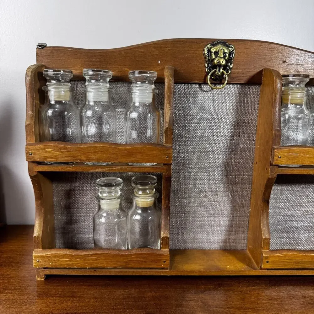 Vintage Wood Spice Rack Set 8 Bottles Brass Lion Decor Wall or Shelf